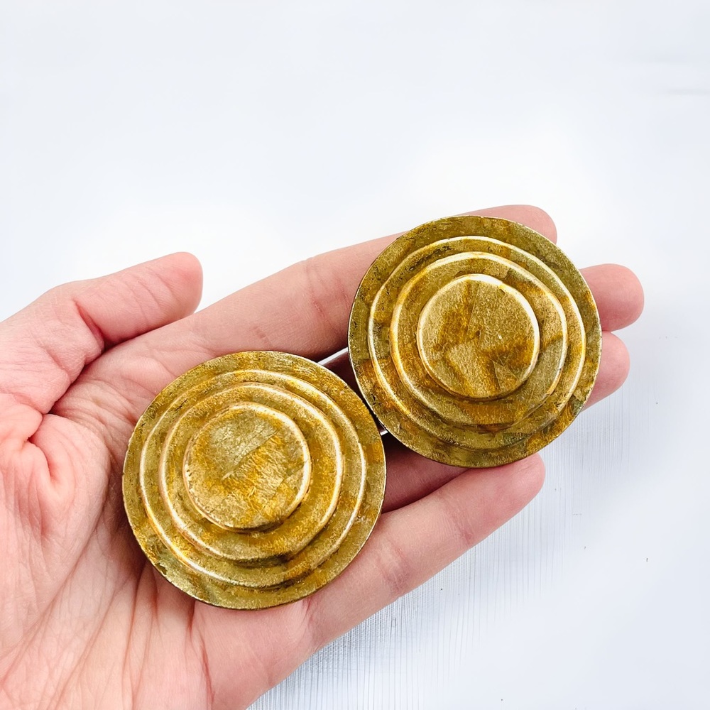 Vintage J. Esquivel Signed Large Statement Gold Layered Disks Clip On Earrings